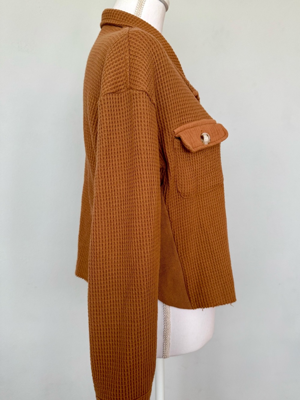 Waffle Knit Button-Up Shacket in Camel Color | M | EUC | Slightly Distressed - Picture 4 of 8